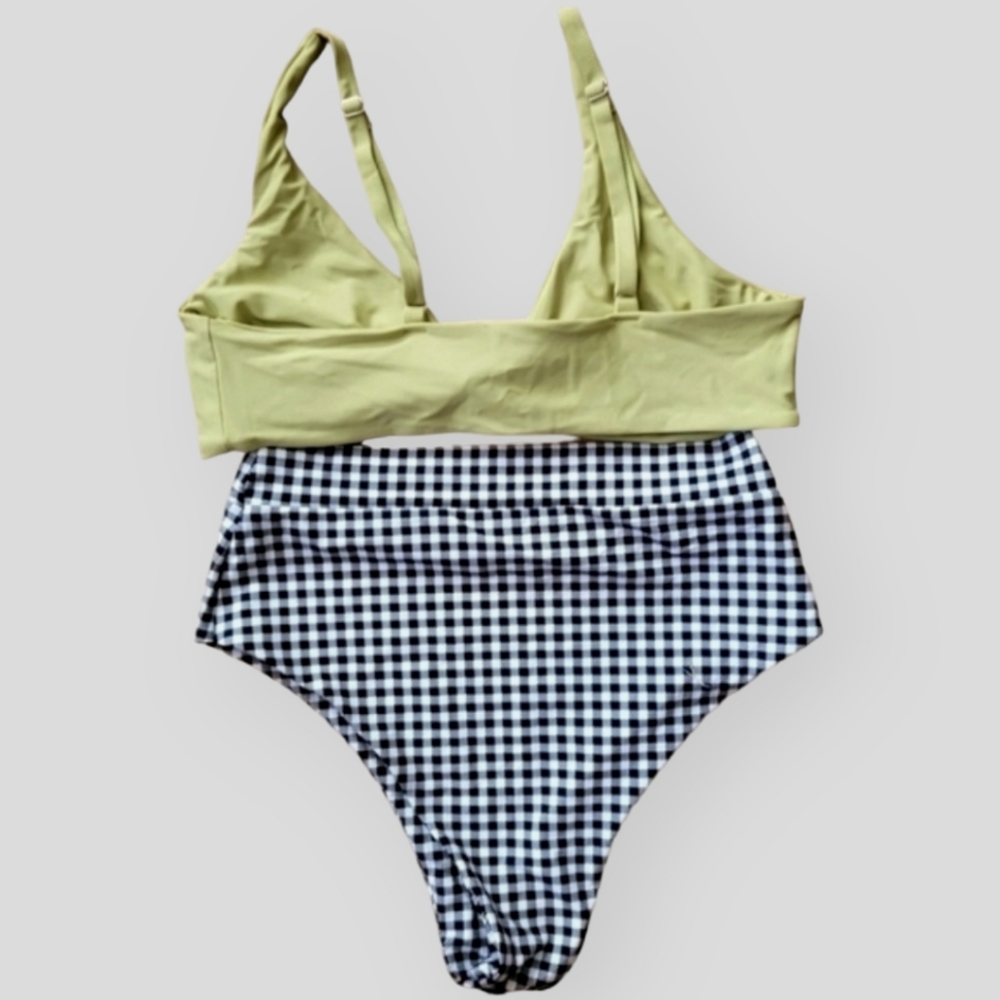 ZAFUL Mix & Match Gingham Plaid High Waist Tie Front Bikini Black & Green - Picture 2 of 10